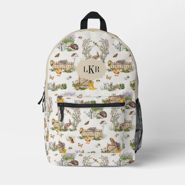 Garden & Animal Muster 3-Letter-Monogramm Bedruckter Rucksack (Vorderseite)