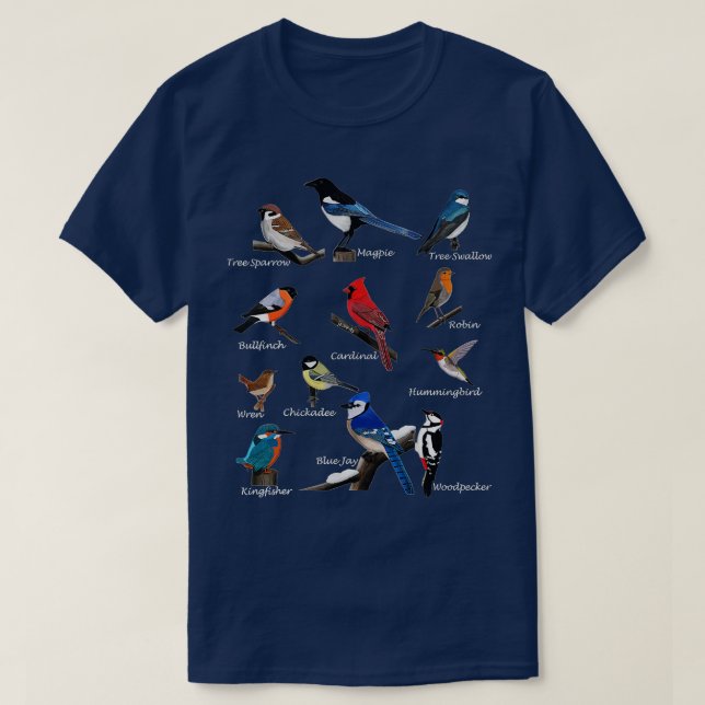 Garden Birds Kardinal Blue Jay Hummingbird Robin W T-Shirt (Design vorne)
