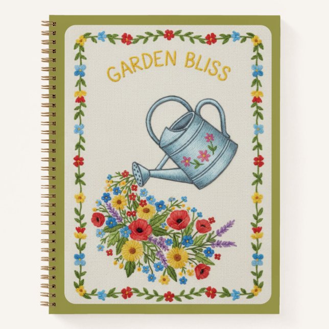 Garden Bliss Embroidered Floral Watering Can Notizbuch (Vorderseite)
