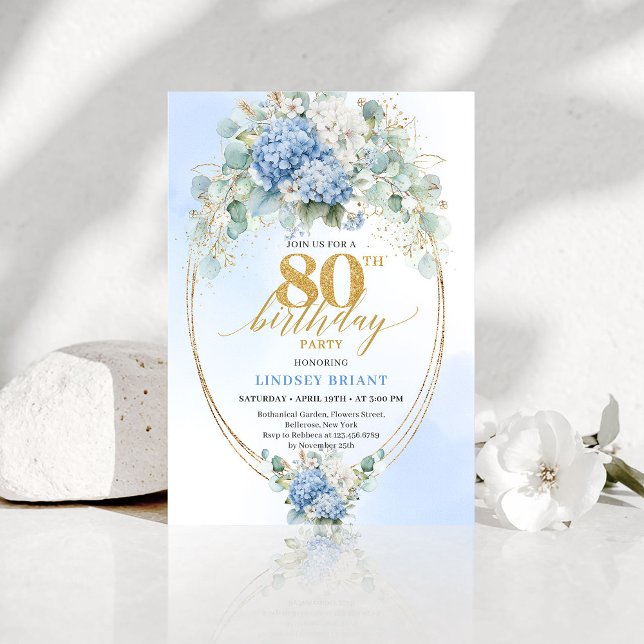 Garden Blue Floral Gold 80th Birthday Invitation Einladung (Garden Blue Floral Gold 80th Birthday Invitation)