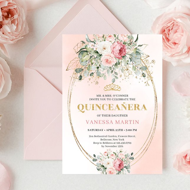 Garden Blush Pink Boho Quinceañera Floral Invite Einladung (Garden Blush Pink Boho Quinceañera Floral Invitation)