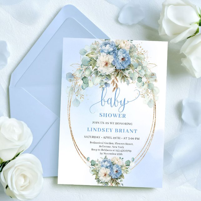 Garden Boho Dusty Blue Flowers Greenery Baby Showe Einladung (Garden Boho Dusty Blue Flowers Greenery Baby Shower)
