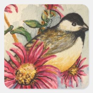 Garden Chickadee Wasserfarbe Rosa Daisy Quadratischer Aufkleber