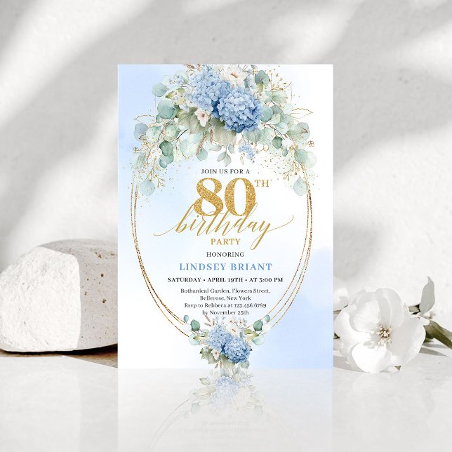 Garden Dusty Blue Floral 80th Birthday Invitation Einladung (Garden Dusty Blue Floral 80th Birthday Invitation)