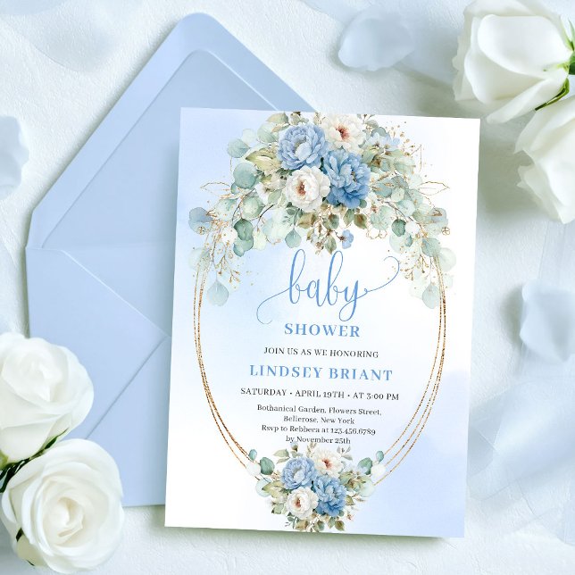 Garden Dusty Blue Flowers Greenery Baby Shower Einladung (Garden Dusty Blue Flowers Greenery Baby Shower Invitation)