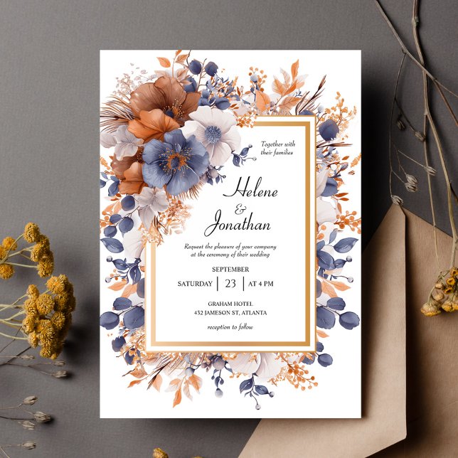 Garden Elegante Wasserfarbe Rostblume Hochzeit Einladung (Garden Elegant Watercolor Dusty Blue Rust Wedding Invitation)