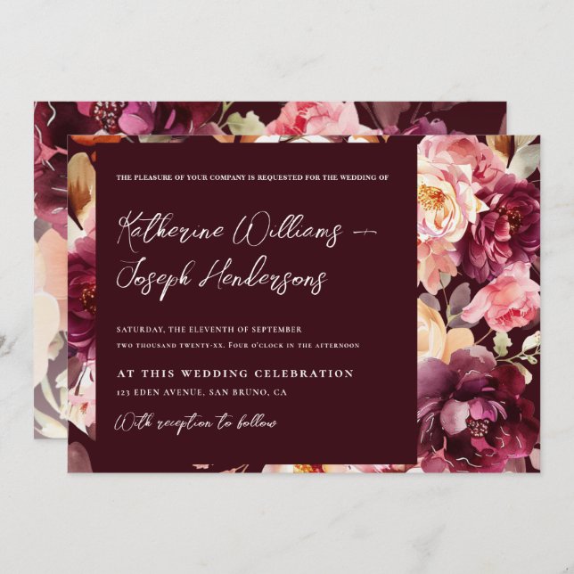Garden Floral Burgundy Script kalligraphische Hoch Einladung (Vorne/Hinten)