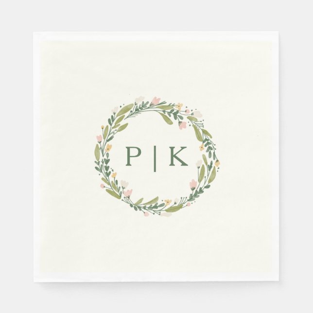 Garden Floral Monogram Wreath Pink Green Wedding Serviette (Vorderseite)
