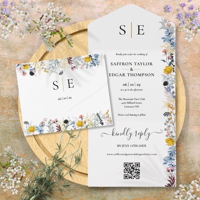 Garden Floral QR Code Elegante Monogram Wedding All In One Einladung (Garden Floral QR Code Elegant Monogram Wedding All In One Invitation)