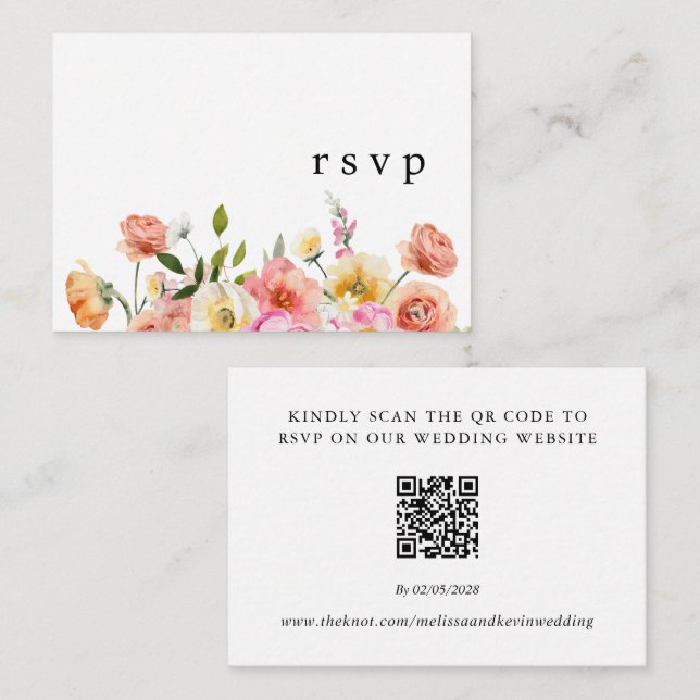 Garden Floral QR Code Wedding RSVP Card Begleitkarte (Vorne/Hinten)