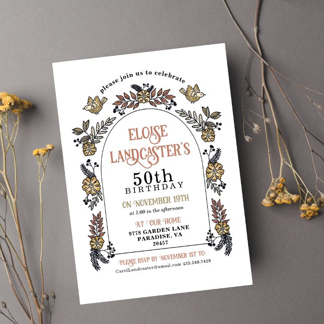 Garden Flower Arch Milestone 50th Birthday Einladung (Floral Garden Arch Birthday Invitation)