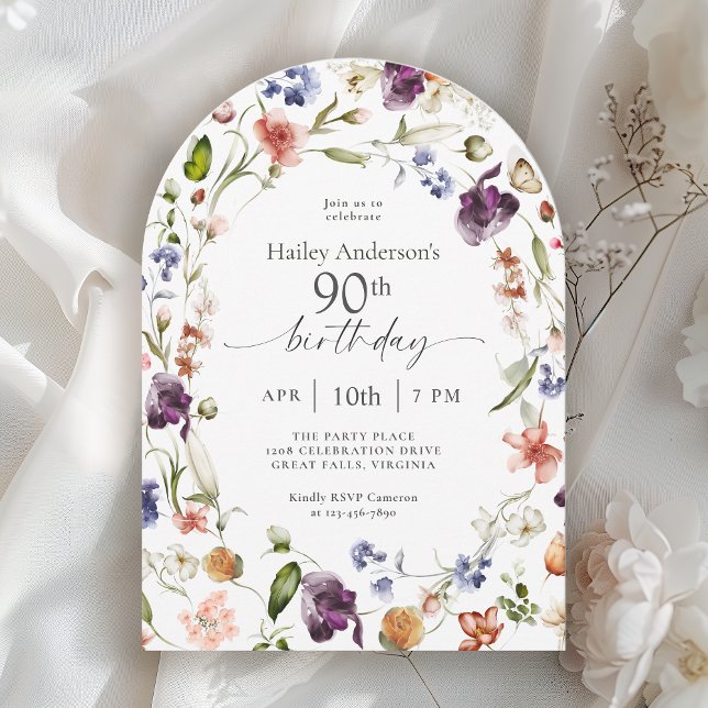 Garden Flowers Botanical Script 90th Birthday Einladung (Von Creator hochgeladen)