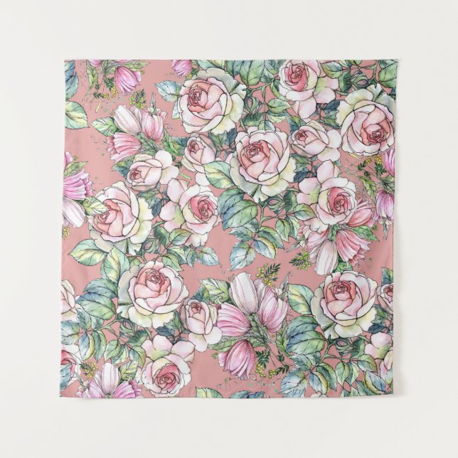 Garden flowers rose with tulips painted in waterco wandteppich (Vorderseite)