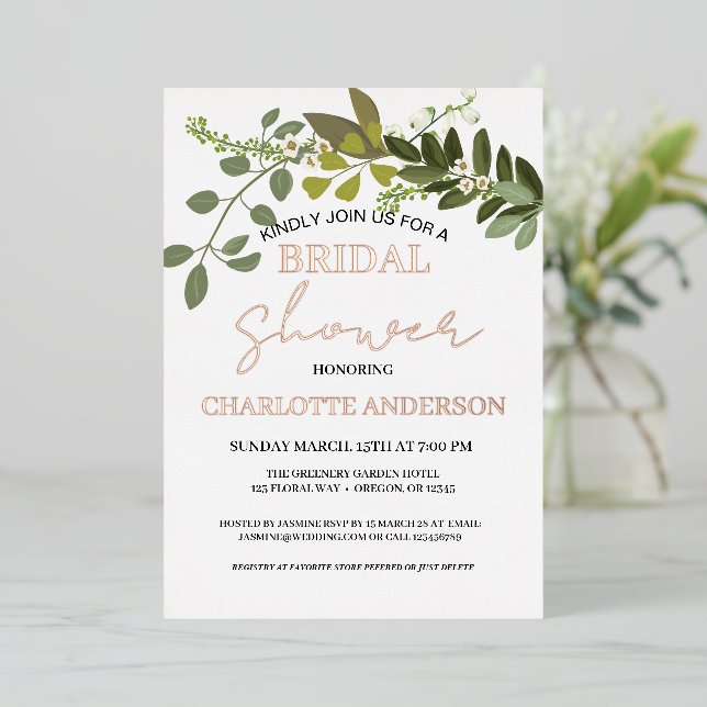 Garden Foliage Grüne Weinreben Brautparty Gold Folieneinladung (Stehend vorne)