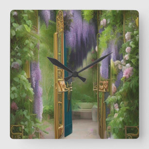Garden Gate and Wisteria Quadratische Wanduhr
