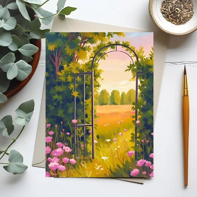 Garden Gate | Pink Flowers Botanical Watercolor Postkarte (Von Creator hochgeladen)