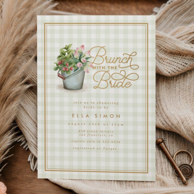 Garden Gingham Sage Gold Brautparty Brunch Einladung (Von Creator hochgeladen)