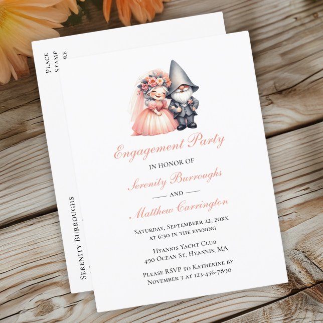 Garden Gnome Orange Woodland Engagement Party Ankündigungspostkarte (Von Creator hochgeladen)
