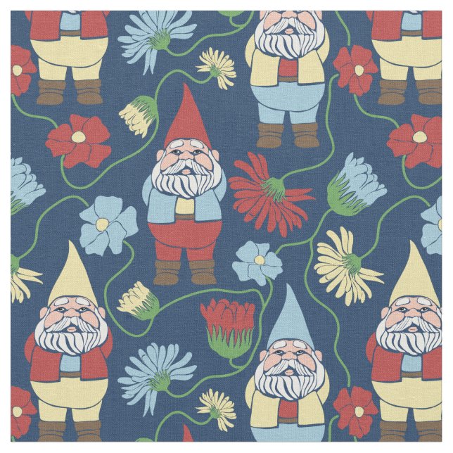 Garden Gnomes mit Blume Navy Blue Gemustert Stoff (Nahaufnahme)