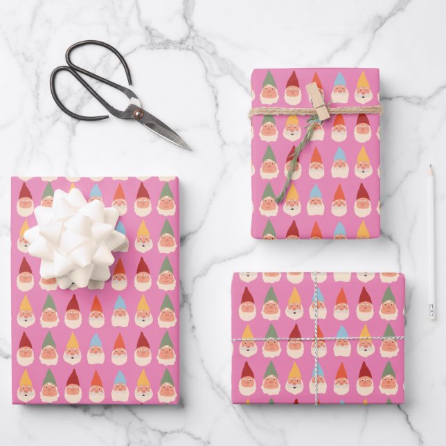 Garden Gnomes Rosa Hintergrund Geschenkpapier Set (Vorderseite)