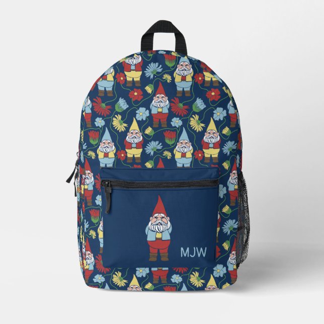 Garden Gnomes und Blume Navy Blue Gemustert Bedruckter Rucksack (Vorderseite)