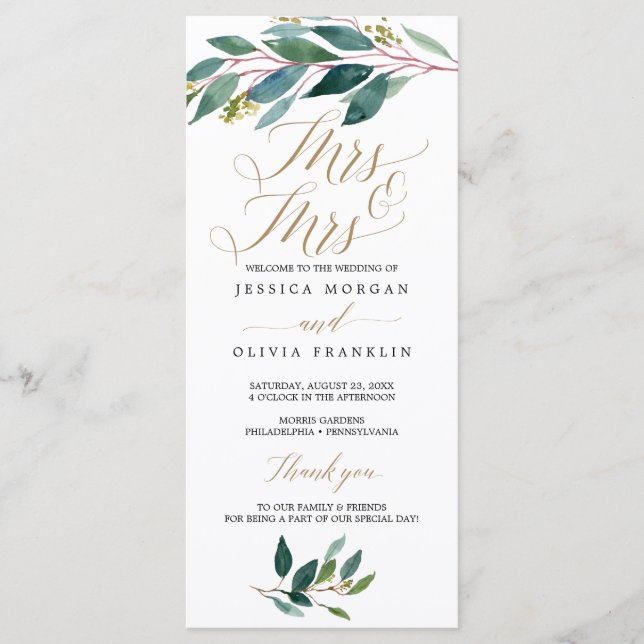 Garden Grüntöne Gay Wedding Program - Mrs & Mrs. Programm (Vorderseite)