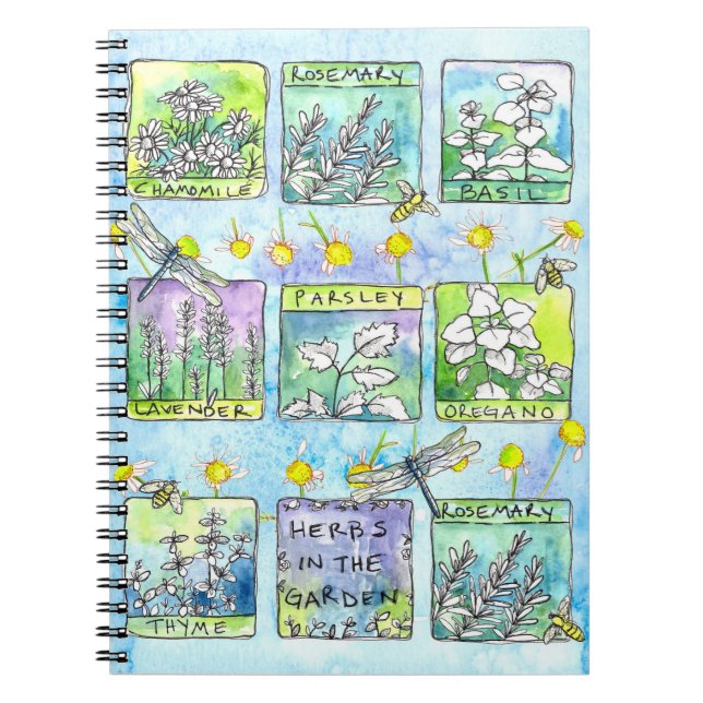 Garden Journal Basil Pflanze Dragonfly Bees Herb Notizblock (Vorderseite)