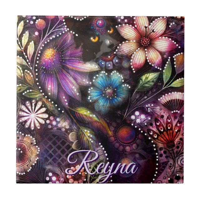 Garden Kitty Cat Floral Abstract Personalized Fliese (Vorderseite)