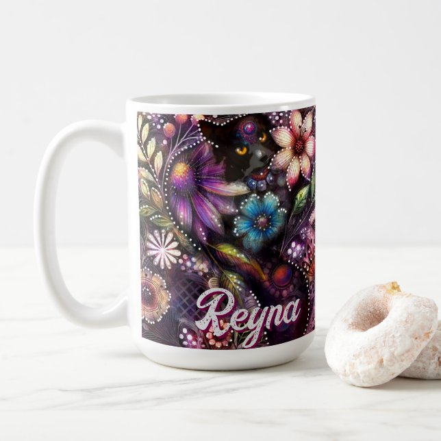 Garden Kitty Cat Floral Abstract Personalized Kaffeetasse (Mit Donut)