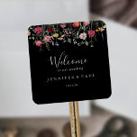 Garden Multicolor Wildblume Hochzeit Willkommen Quadratischer Aufkleber<br><div class="desc">Dieser mehrfarbige,  rechteckige Aufkleber für Hochzeitsfeiern in der Wildblume eignet sich hervorragend für eine rustikale Hochzeit. Das Design umfasst eine bunte Auswahl an rosa,  rot,  lila,  gelb,  weiß,  violett,  rot,  bordeauxfarbenen Blume in schwarzem Hintergrund. Diese Labels eignen sich perfekt für Begrüßungstaschen und Hochzeiten in Urlaubsort.</div>