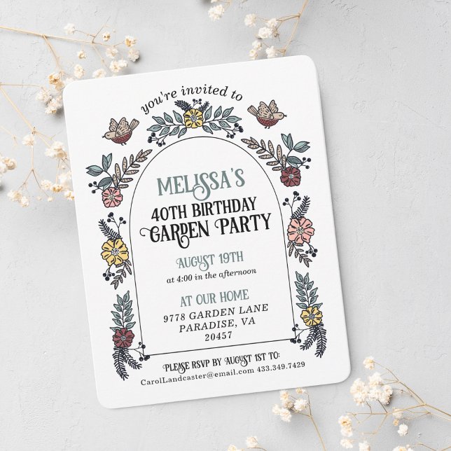 Garden Party 40. Geburtstag Einladung (Pretty floral arch garden party birthday invitation.)