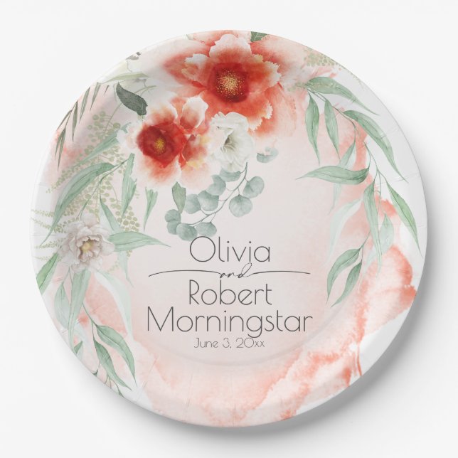 Garden Party Aquarell Korallenfarben Blume Pappteller (Vorderseite)
