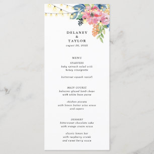 Garden Party Blume & Twinkle Lights Blue Wedding Menükarte