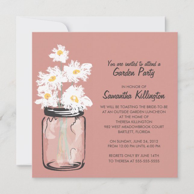 Garden Party Mason Jar & White Daisies Einladung (Vorderseite)