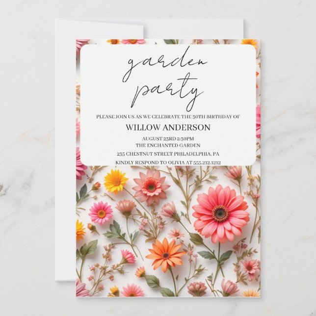Garden Party, Wildblume Geburtstagsparty Einladung (Vorderseite)