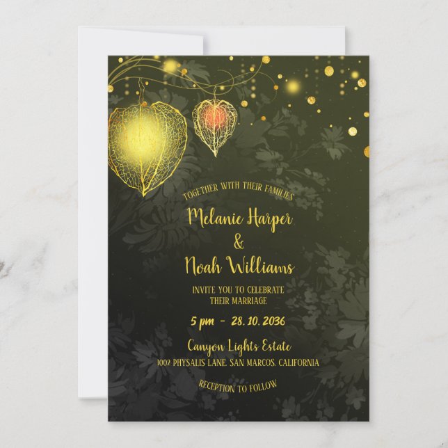 Garden Physalis Glam Wedding Lanterns Einladung (Vorderseite)