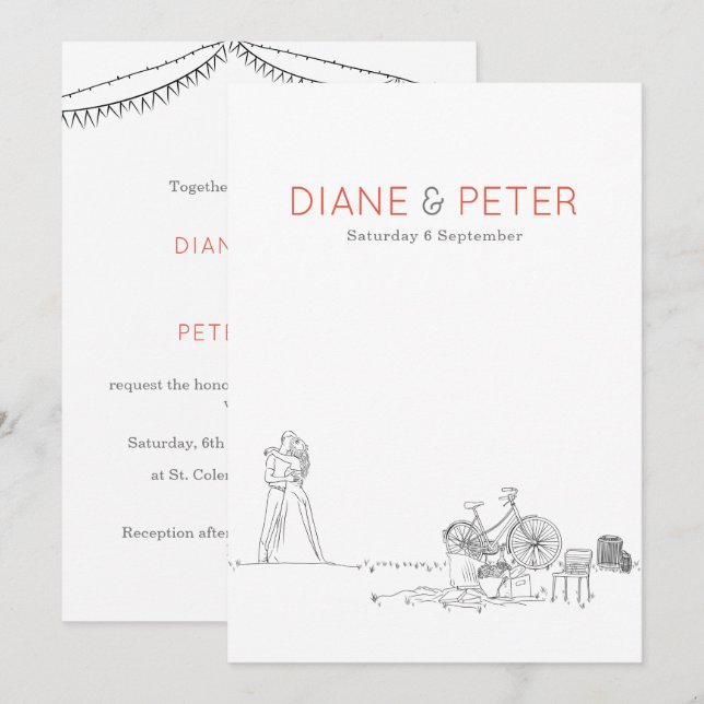 Garden Picnic Minimalistisch Black and White Weddi Einladung (Vorne/Hinten)