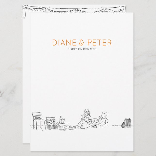 Garden Picnic Minimalistisch Black and White Weddi Menükarte (Vorne/Hinten)