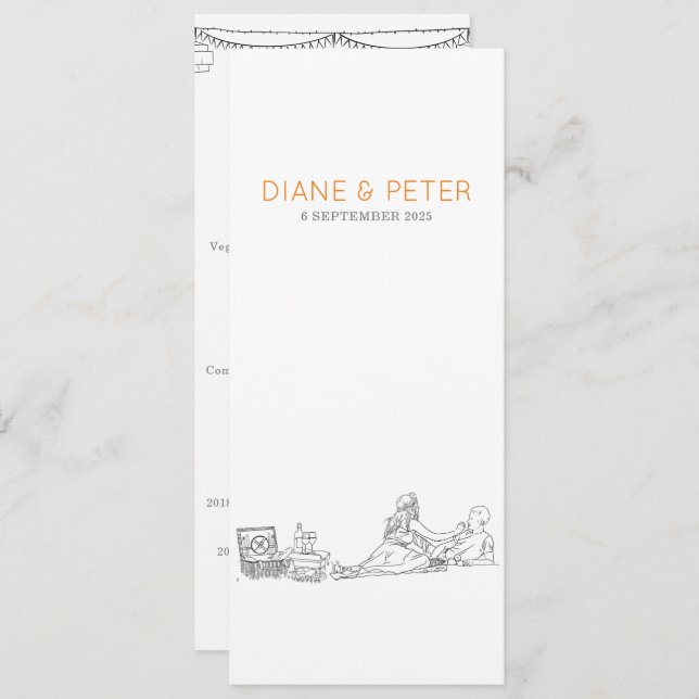 Garden Picnic Minimalistisch Black and White Weddi Menükarte (Vorne/Hinten)