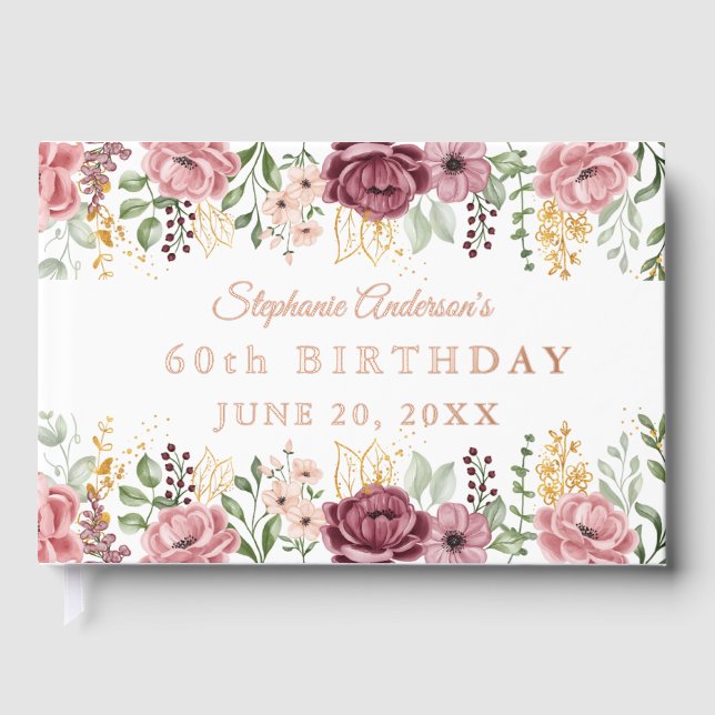 Garden Pink Summer Rose  Floral 60th Birthday Foil Gästebuch (Vorderseite)