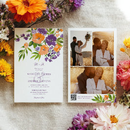 Garden Purple Orange Floral photos Qr code wedding Einladung
