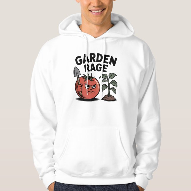 Garden Rage – Angry Tomato with Shovel Cartoon Hoodie (Vorderseite)