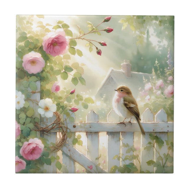 Garden Rose Bird Watercolor Scene Fliese (Vorderseite)
