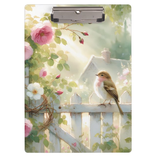 Garden Rose Bird Watercolor Scene Klemmbrett (Vorderseite)