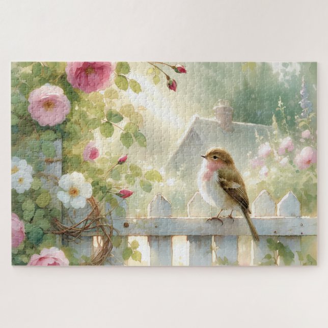 Garden Rose Bird Watercolor Scene Puzzle (Horizontal)