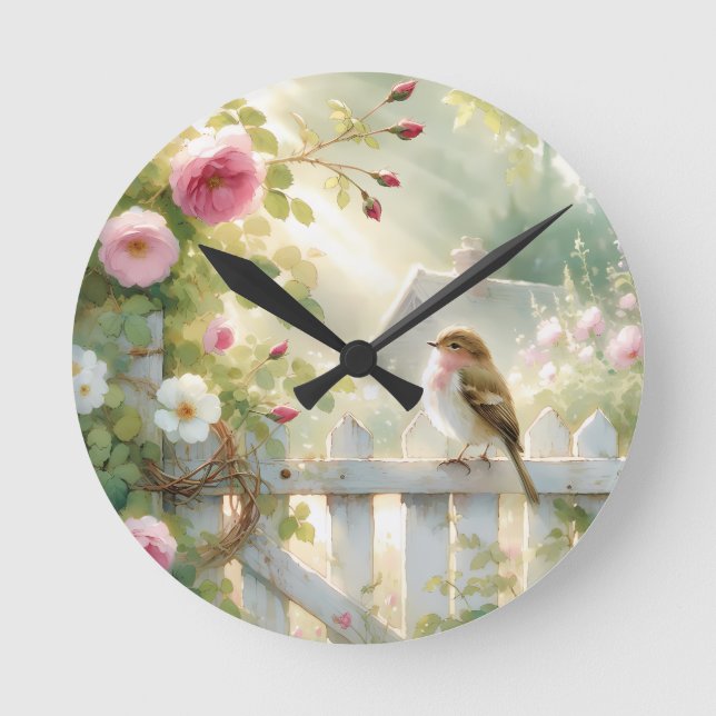 Garden Rose Bird Watercolor Scene Runde Wanduhr (Vorderseite)