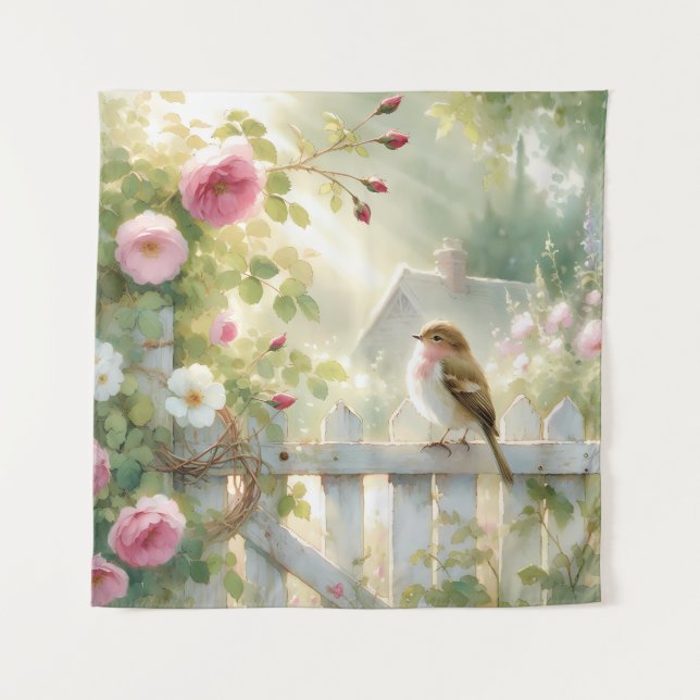 Garden Rose Bird Watercolor Scene Wandteppich (Vorderseite)