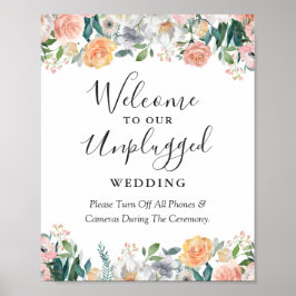 Garden Rose Floral Unplugged Wedding Zeremony Sign Poster