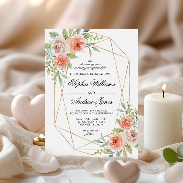 Garden Rose & Gold Rahmen Hochzeitseinladung Einladung (Von Creator hochgeladen)