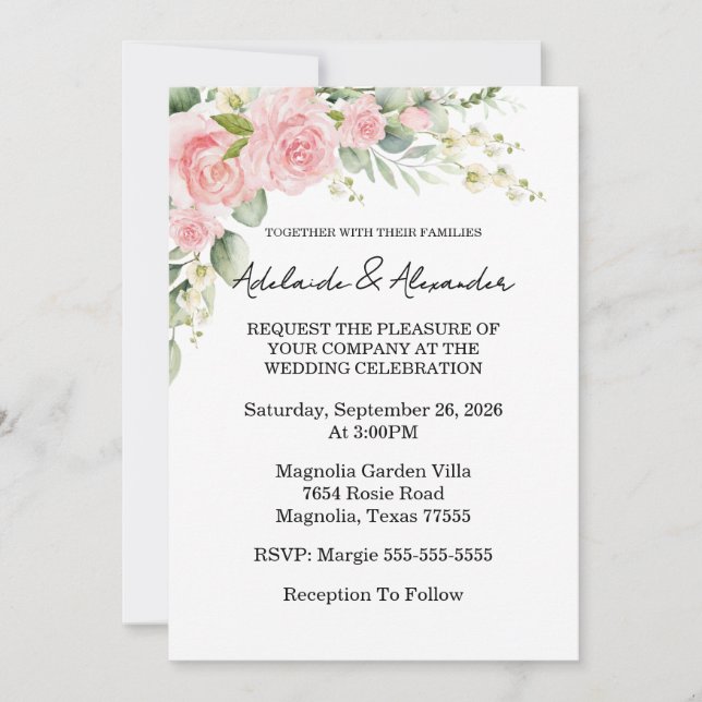 Garden Rose Pink Wedding Einladung (Vorderseite)